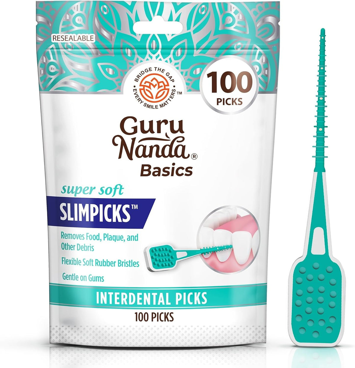 GuruNanda Interdental Picks (Pack of 100), Super Soft & Flexible Rubber Bristles, Floss Picks for Removing Food Leftovers, Plaque & Gently Go to Gums