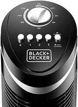 Black+Decker tower fan control panel with dial, speed buttons, and logo