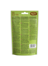 Dog Fest duck fillet strips dog treat pouch back, green with ingredient text and barcode