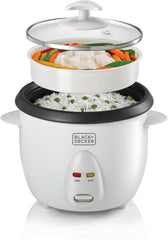 BLACK+DECKER Rice Cooker, 400W, 1L Capacity, Removable Nonstick Bowl, Steaming Tray, Glass Lid, Cool-Touch Design, Auto Warm Function, Water Level Indicator, Quick Meals, 220-240V, White - RC1050-B5