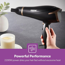 Geepas black hair dryer with gold ring trim and wide concentrator nozzle.