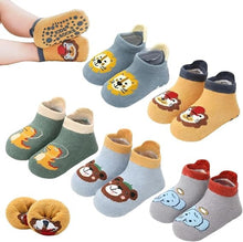5 pairs baby stopper socks with cartoon animal faces, non-slip soles, assorted colors