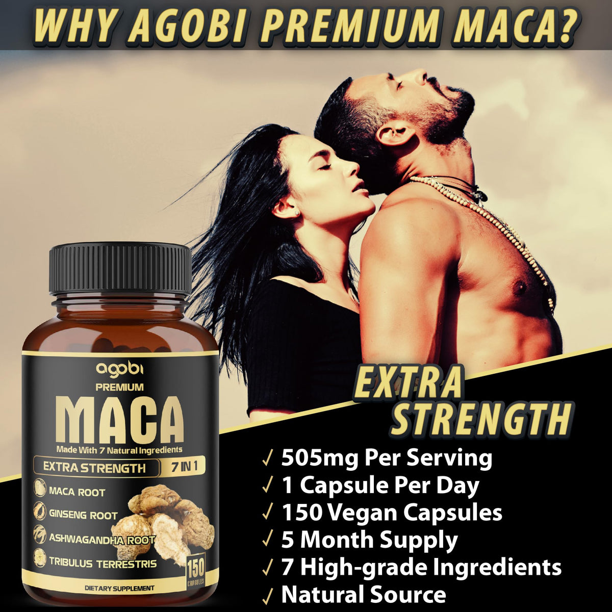 agobi 7in1 Premium Maca Root Capsules with Ashwagandha, Ginseng, Tribulus Terrestris and More Equivalent 8050mg - Natural Energy, Performance and Mood Support - 150 Capsules 5-Month Supply
