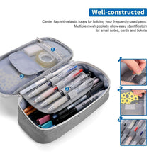 Open gray pencil organizer with front flap, elastic loops, and mesh storage panels.