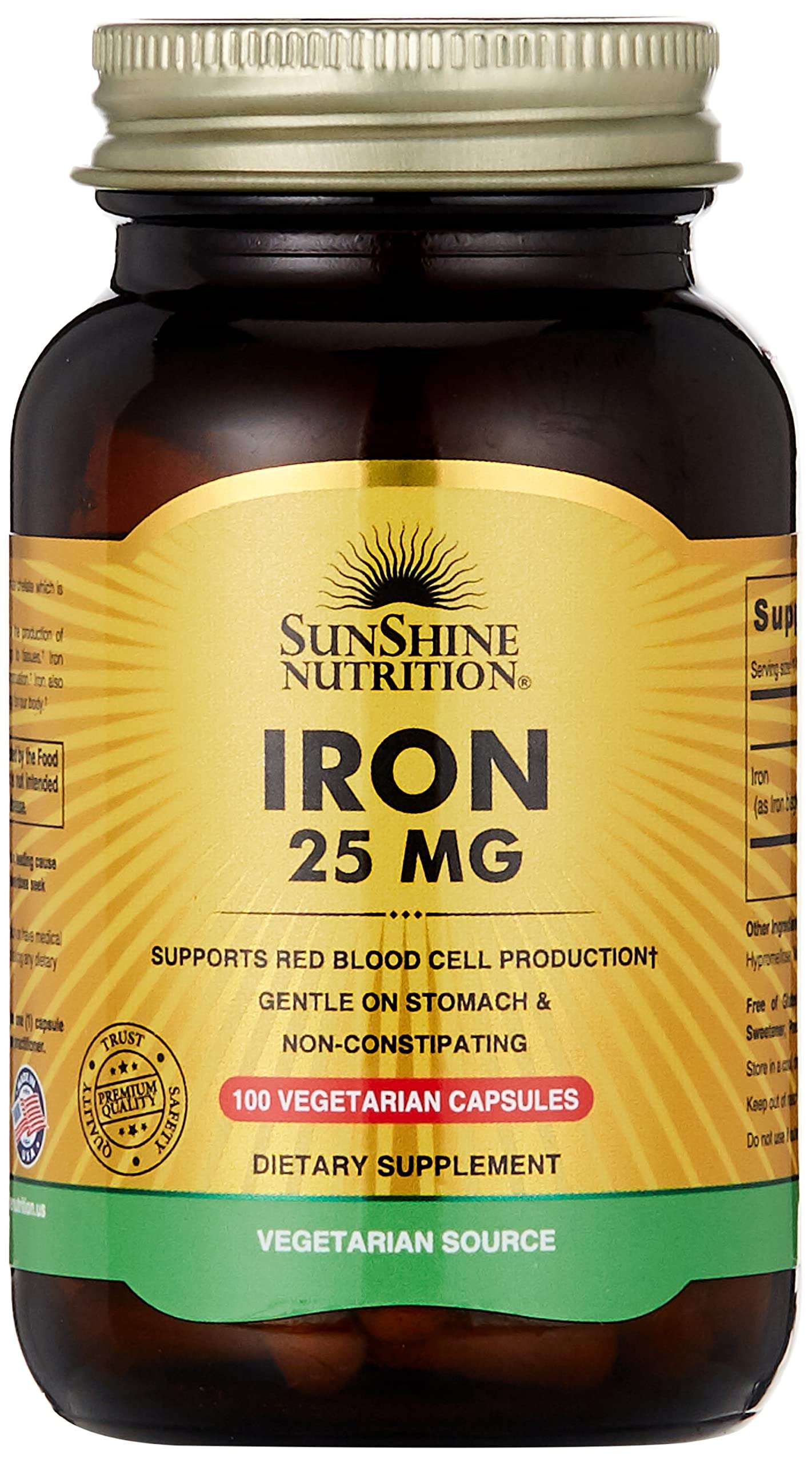 Sunshine Nutrition Iron 25 Mg, 100 Capsules | Supports Red Blood Cell Production | Gentle On Stomach & Non-Constipating