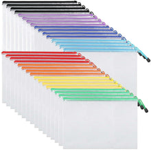 Stack of multicolor mesh zipper pouches, letter-size, with black zipper tabs