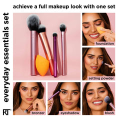 Real Techniques The Everyday Essentials collection gives you 5 essential tools to perfect any look with tapered, soft, and delicate bristles. Blend blush powder evenly for a soft, natural look.