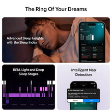 Smart ring sleep insights shown with phone display and sleep stage chart panels