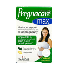 Pregnancy supplement box, green and white, Vitabiotics Pregnacare max, omega-3 DHA