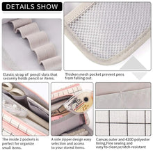 Canvas pencil storage bag detail: elastic pencil straps and mesh pocket interior, pink trim