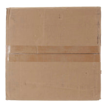 Cardboard shipping box with taped seams and scuffs, front face visible