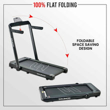 Foldable under-desk walking treadmill showing flat folding space-saving design
