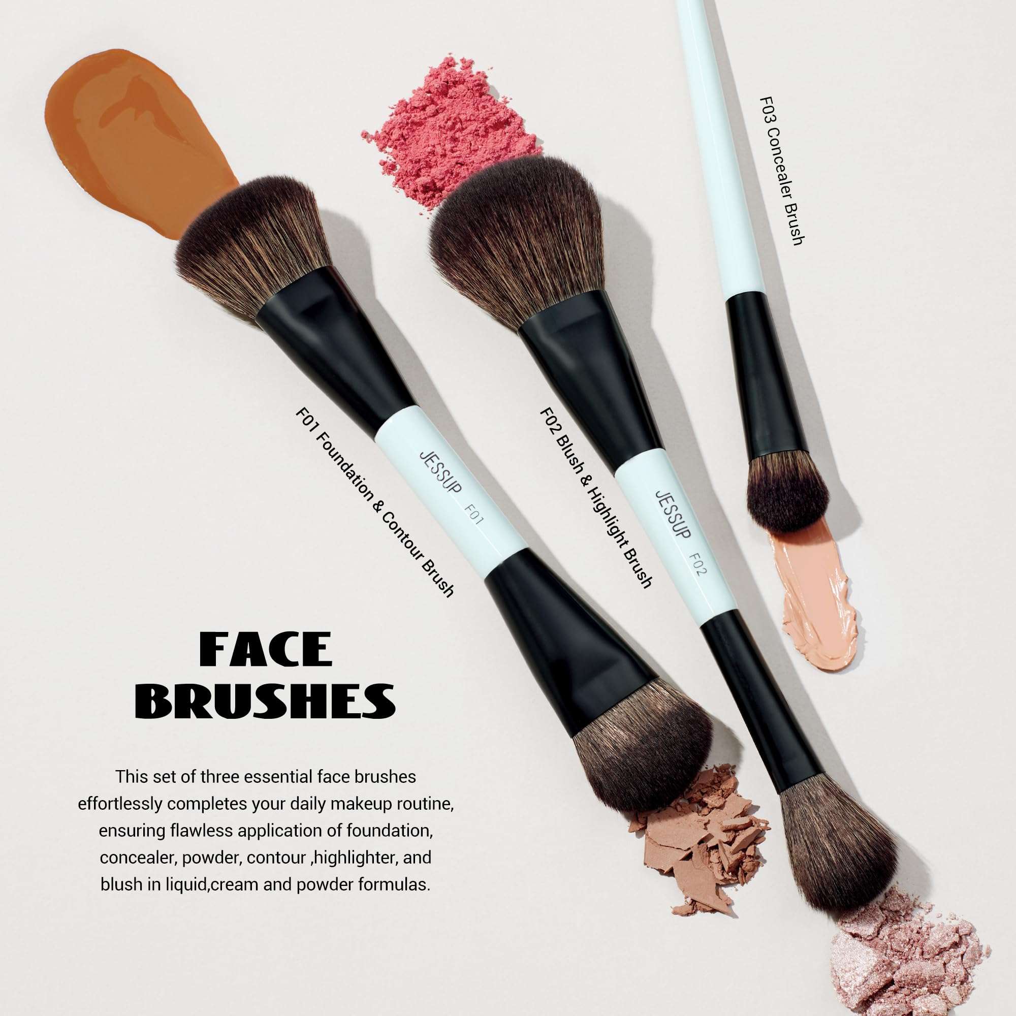 Jessup Makeup Brushes Set 10pcs, Double Sided Foundation Contour Blush Highlight Blending Eyebrow Brush Eyeshadow Eyeliner Concealer Brush, Bright Cyan Cruelty Free Cosmetic Tools T500