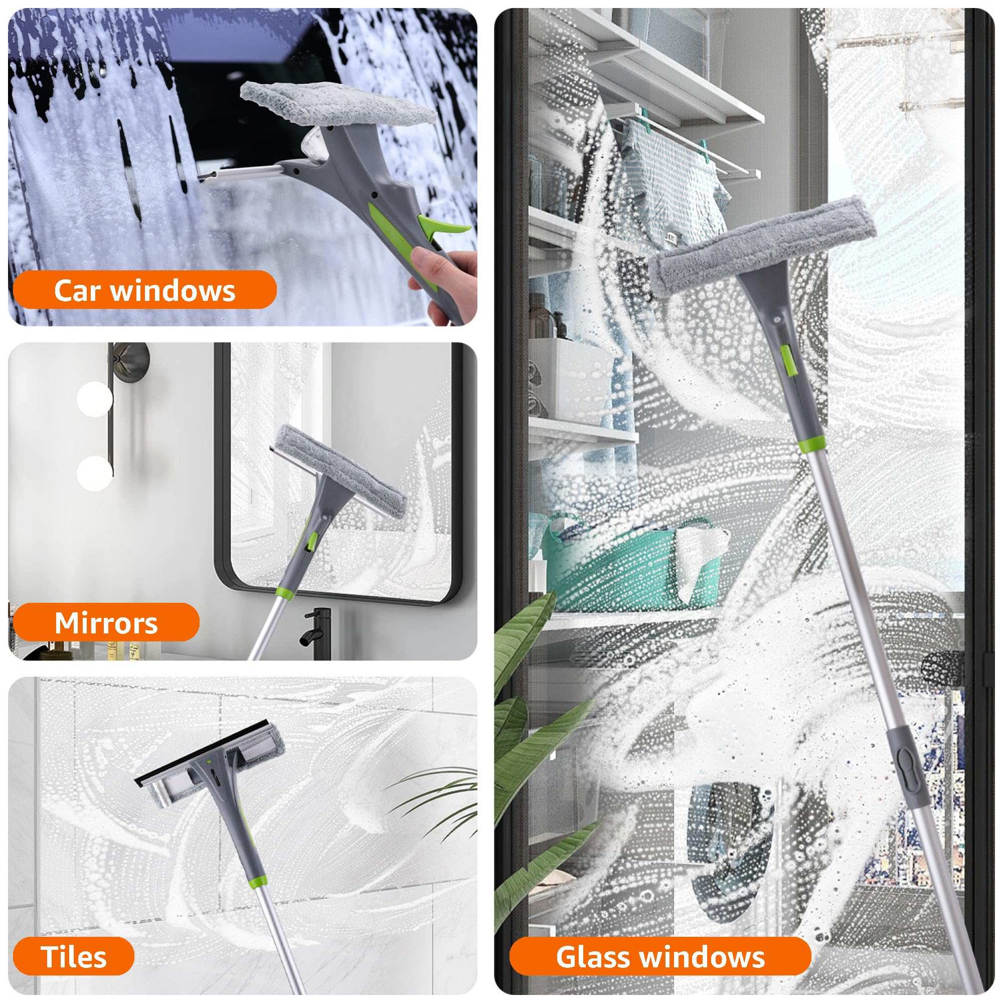 Extendable Window Squeegee with Spray, Aluminum Extension Pole, 1.25 M to 1.75 M