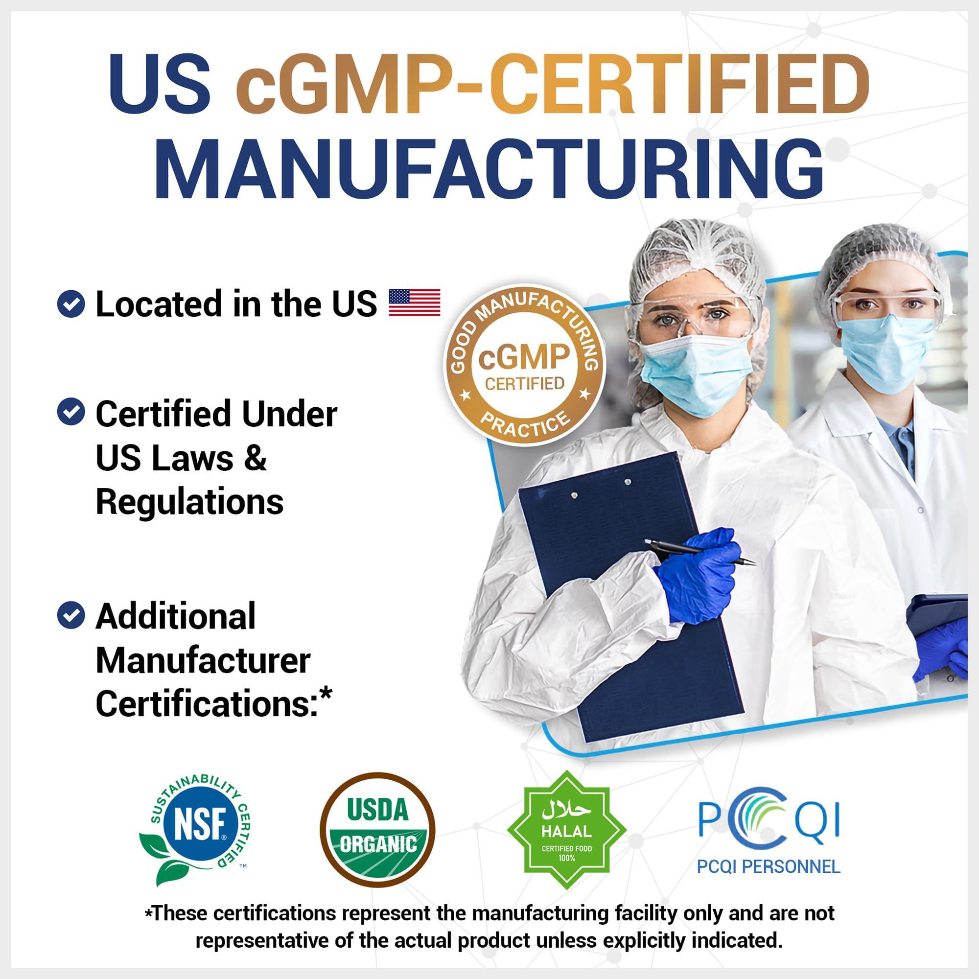 D3 K2 vitamin supplement UAE graphic showing US cGMP certified manufacturing with lab technicians