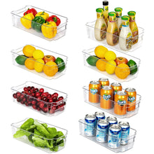 Set of clear storage bins with open tops, filled with fruits and drink cans