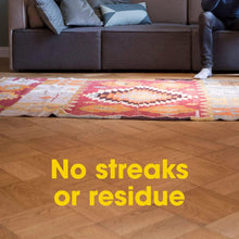 Floor cleaner promo graphic with wooden floor and 'No streaks or residue' text.