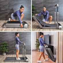 Foldable treadmill with upright safety handle and wide walking deck for use