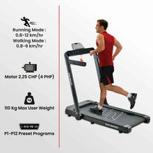 Under-desk walking treadmill with console and safety rail, man in running position