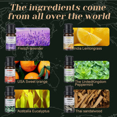 Essential Oils Set,Premium Pure and Natural Oil,for Oil Diffusers,6 pcs x 10 mL - Sandalwood，Sweet Orange，Lavender，Eucalyptus，Lemon，Mint