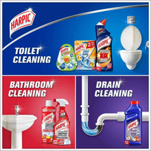 Harpic toilet, bathroom, and drain cleaning bottles shown with toilet icons