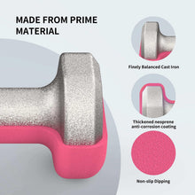 Pink neoprene dumbbell end with thick anti-corrosion coating over cast iron core.