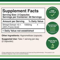 Double Wood Supplements Shilajit Resin Capsules (20% Fulvic Acid 1,000mg per Serving, 120 Count (No Fillers, Manufactured in The USA)