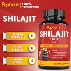 Shilajit Extract Capsules equivalent to 6550mg & Ashwagandha, Ginseng, Saw Palmetto, Maca, Tribulus, Chaga, Pepper | Trace Minerals Fulvic Acid|Immune Support, Brain Boost Supplement, 3 Months Supply