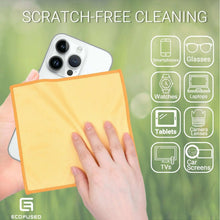 Yellow microfiber cleaning cloth with orange stitched border, double-sided for screens