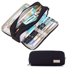 Large black pencil pouch with three compartments, zip-open top, beige interior lining