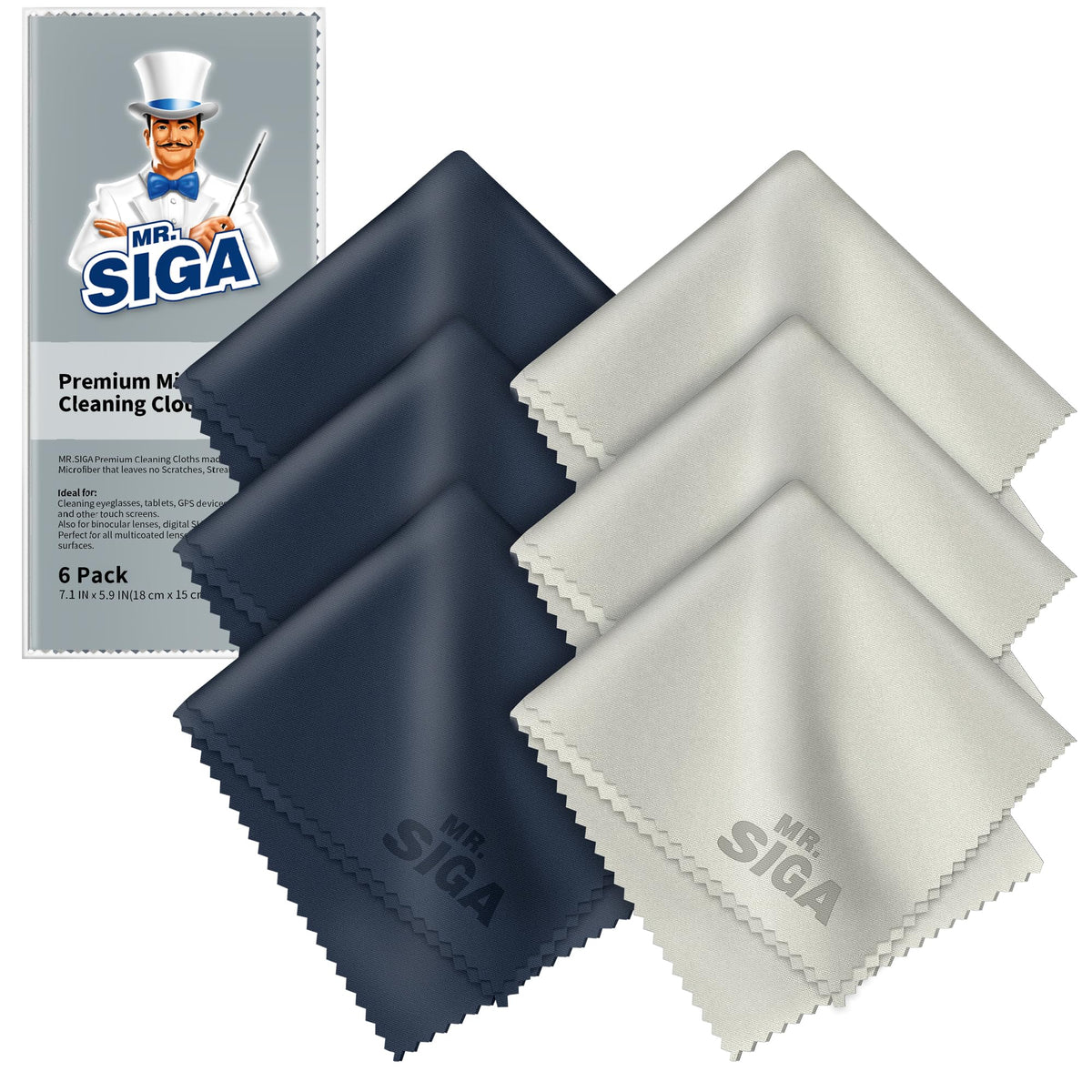 MR.SIGA Premium Microfiber Cleaning Cloths for Lens, Eyeglasses, Screens, Tablets, Glasses, 6 Pack, 6 x 7 inches (15 x 18 cm)