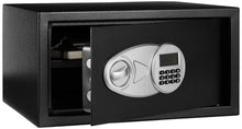 Black steel security safe with digital keypad and circular key knob on front door