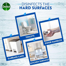 Hard surface disinfection infographic with Dettol logo, toilets, door handles, and kitchen panels