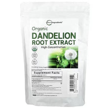 Organic dandelion root extract supplement pouch, high concentration, Supplement Facts