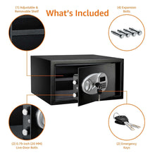 Black steel security safe diagram showing adjustable shelf, bolts, and keys