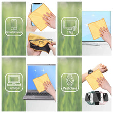 Double-sided yellow microfiber cleaning cloth shown cleaning laptop and other screens