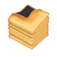 Stack of double-sided microfiber cleaning cloths, yellow with dark gray suede