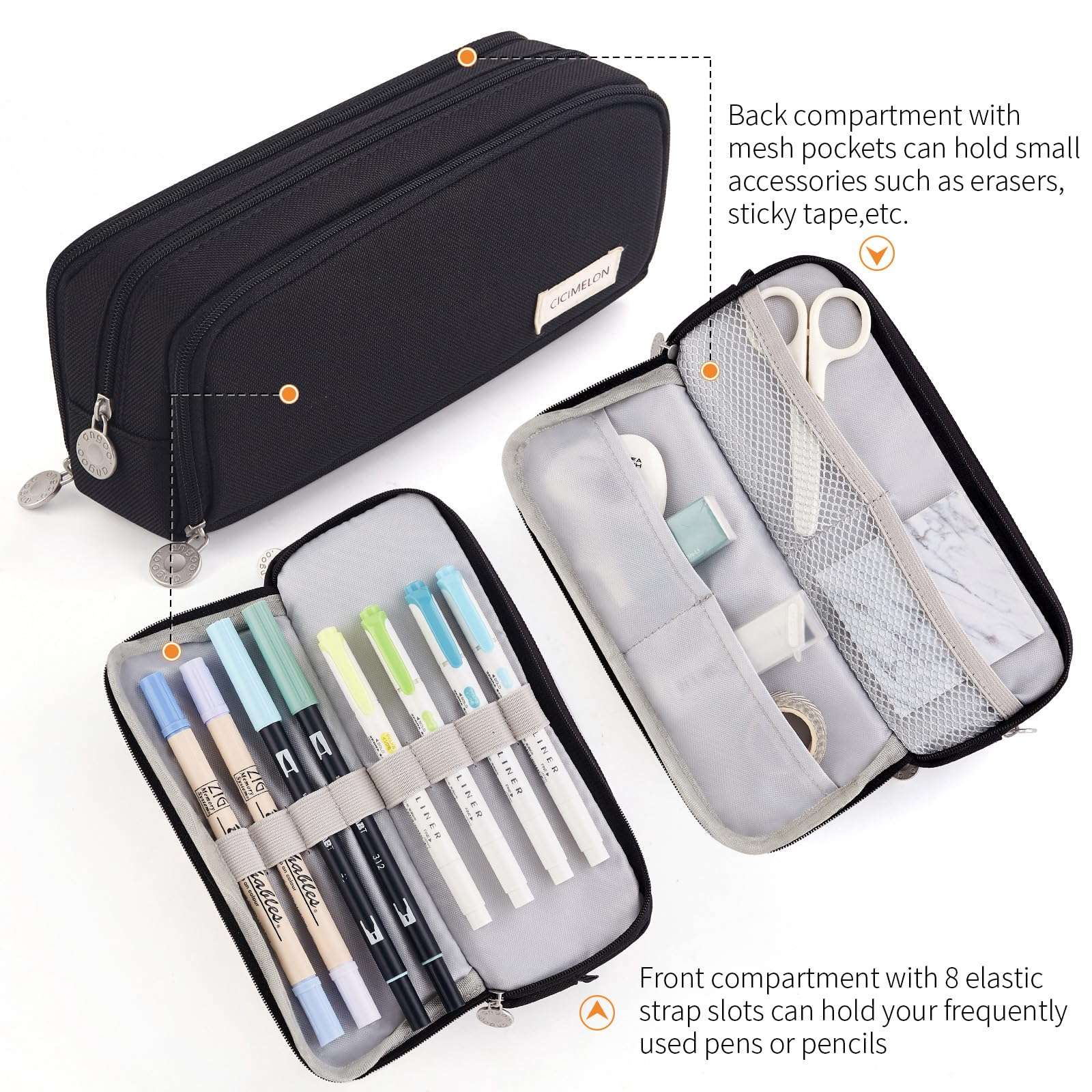 CICIMELON Pencil Case Large Capacity Pencil Pouch 3 Compartments Pencil Bag Gift for Students Girls Adults Women (Black)