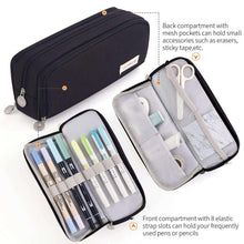 Black three-compartment pencil pouch open with mesh back pockets and elastic front pen straps