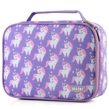 Purple unicorn patterned pencil case with carry handle and double zipper closure