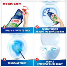 Harpic Active Fresh Pine toilet cleaner steps: press & twist, squeeze, brush, flush