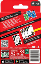 UNO game box back with rule icons, safety text, and barcode on red packaging