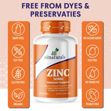 Aitnaturals Zinc 50 mg bottle with free-from icons: dairy-free, soy-free, gluten-free, egg-free
