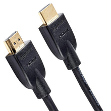 Black HDMI cable with two gold-plated HDMI connectors, angled view