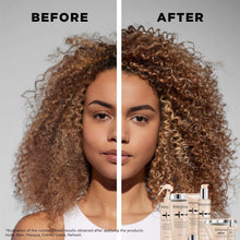 Split comparison of curly hair before and after, with curl spray bottles at bottom