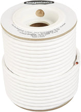 Speaker wire cable spool in white, front view with spool label and brown cap.
