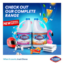 Clorox liquid bleach display with two bottles and floral scent promo graphics