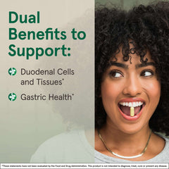 Jarrow Formulas Mastic Gum 1000mg graphic showing dual benefits for duodenal cells and gastric health with woman