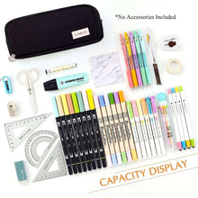 Black pencil case laid flat with zipper front and logo patch on smooth fabric