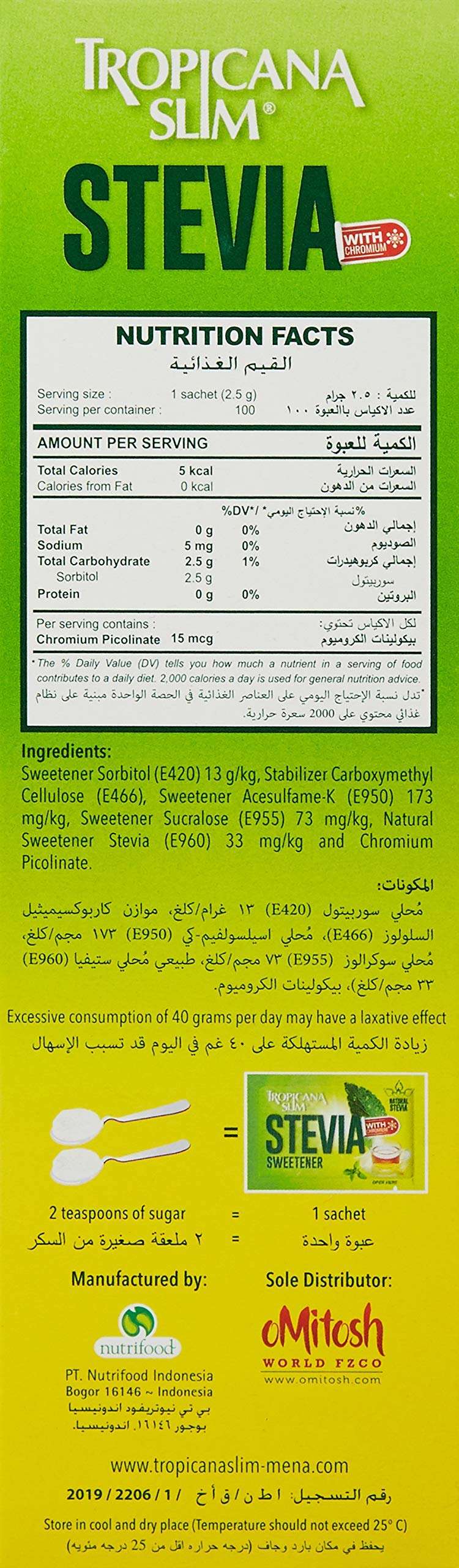 Tropicana Slim product label showing STEVIA logo nutrition facts and ingredients Stevia sweetener with chromium